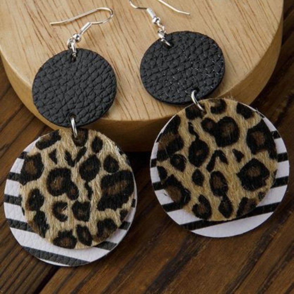 Vintage Leopard Striped Dual-Layered Leather Earrings